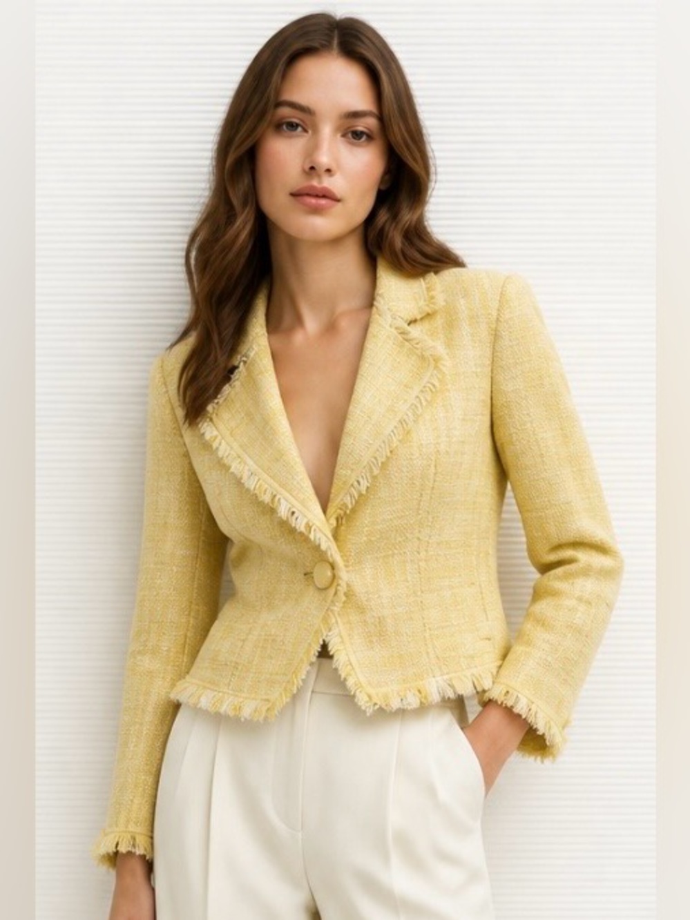 CAbi Blazer Jacket #339 Daisy Statement Fringe Tweed Cropped Yellow Button